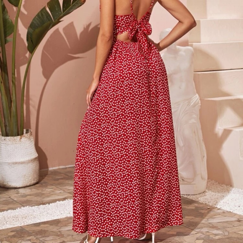 Boho red floral print open tie back back maxi dress - Picture 4 of 5